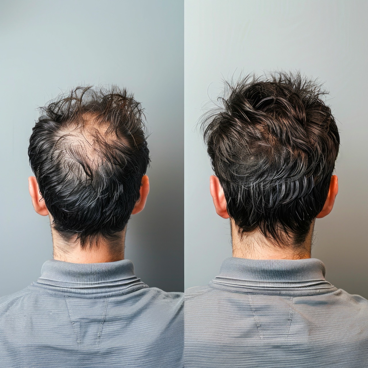 Two images of a man's head side by side. One showing significant hair loss in a bald spot in the middle of his head. The other shows the bald spot covered by hair growth.