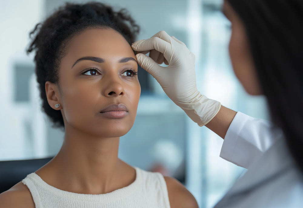 Photo of a woman having her skin evaluated by an aesthetician.